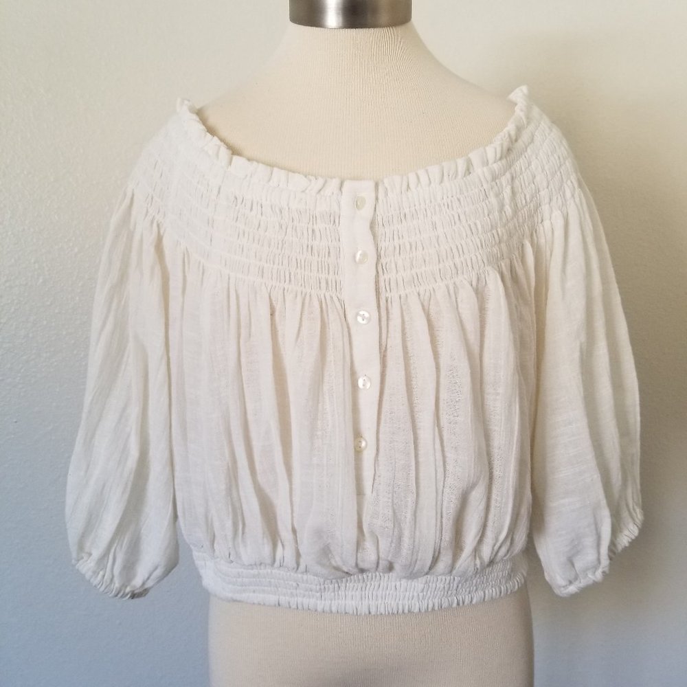 Free People Dancing Till Dawn Shirred Off Shoulder Gauzy Top in Ivory